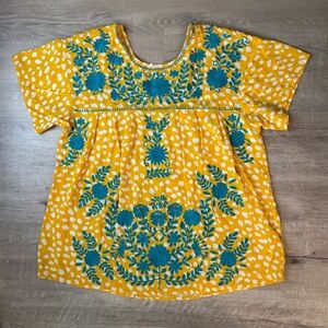 Layerz Women’s Yellow Embroidered Floral Boho Peasant Top Short Sleeve Loose Fit